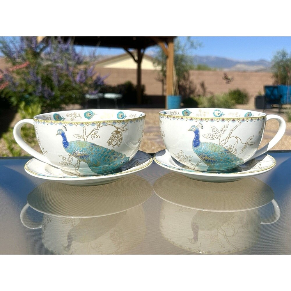 222 Fifth PEACOCK GARDEN Handled Soup Cereal Bowl 5 5/8” Turquoise and Plates x2